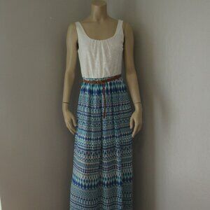 Lily Rose Tribal Pattern Sleeveless White & Blue Size Small Maxi Dress
